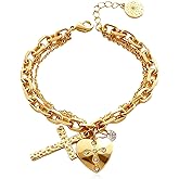 Embtrem Chunky Gold Chain Bracelet Heart Gold Cross Charm Paved Crystal Jewelry Trendy Vacation Style Bridesmaid Layered Jewelry Birthday Gift for Women