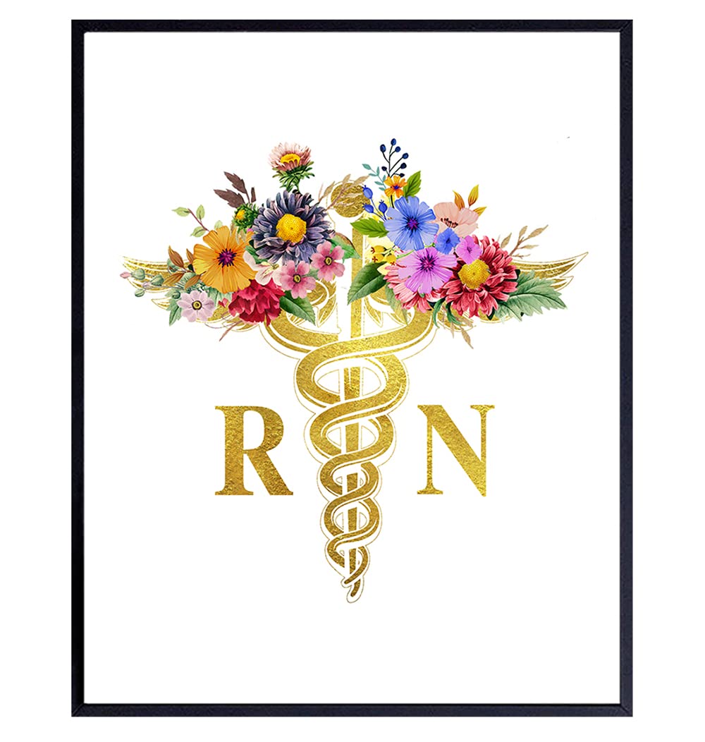 Photo 1 of Nurse Appreciation Wall Art - Medical Caduceus Decor - Graduation Gift for ER Registered Nurse, RN - Hospital, Clinic, Doctor Office Decoration - 8x10 UNFRAMED Vintage Shabby Chic Floral Poster Print