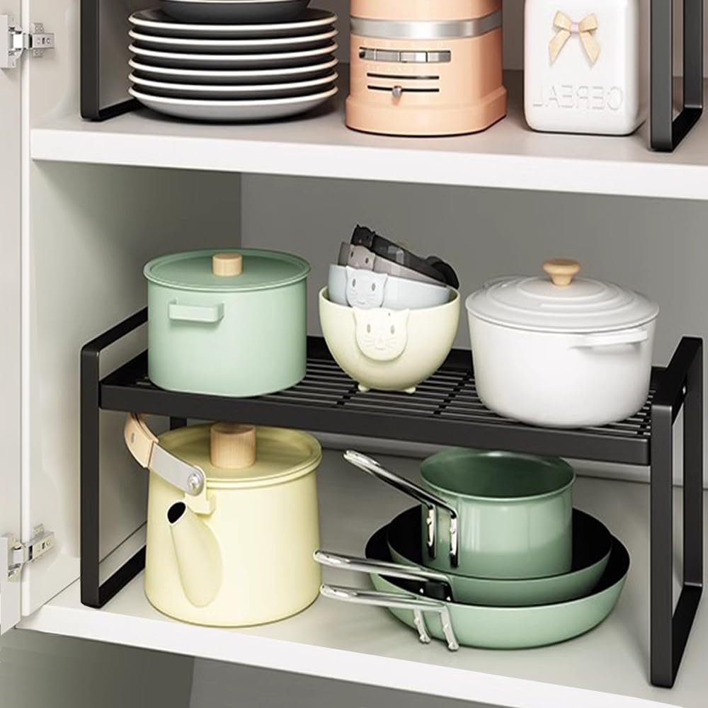 BAIEUEJO Shelf Insert, Kitchen Cupboard Organiser with Non-Slip Mat, Kitchen Cabinet Insert, for Kitchen/Bathroom/Table Top/Sideboard (Black)