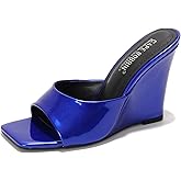 Cape Robbin Women's Metallic Slip-On Wedge Heels with Square Toe - 3.75 Inch Chunky Block Heels for Women - Dressy Wedge Sandals (Willamina)