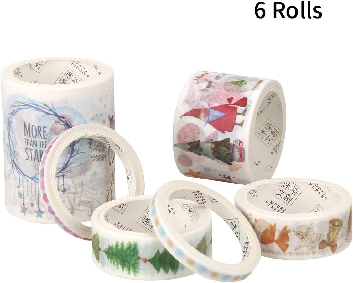 Christmas Washi Tape Set of 6 Rolls, Cute Masking Tape Xmas Holiday Decorations for Scrapbooking Art Crafts & Gifts Wrapping