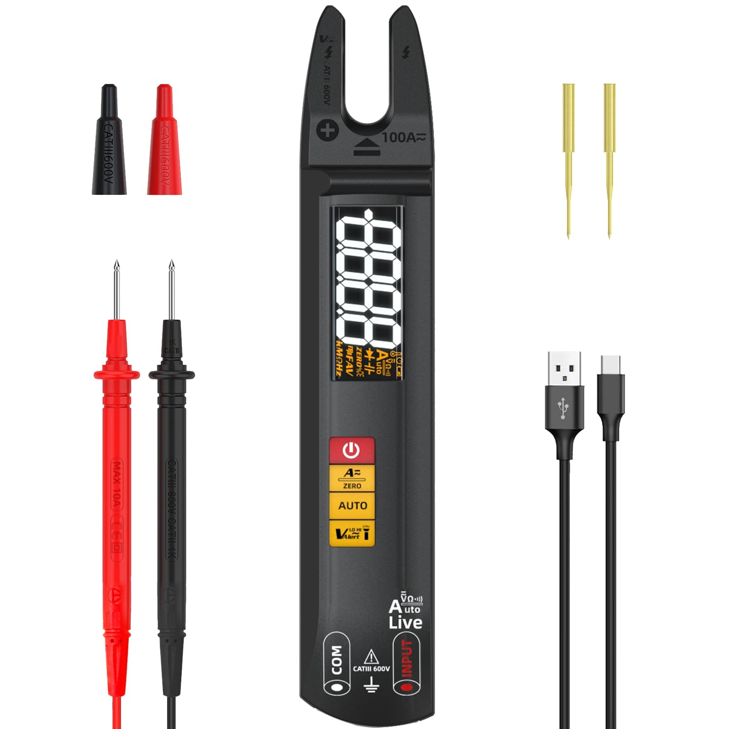BSIDE U0 Fully Automatic Digital Multimeter Open Jaw Clamp Meter AC DC Large Display, Current Voltage Resistance Continuity Smart Testing, Mini Rechargeable Voltage Detector with Back Probe Pins
