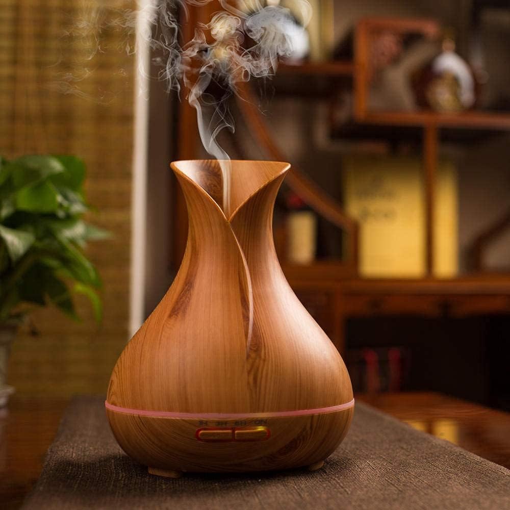 Vency Big Port Wood Grain Vase Style Aroma Diffuser Ultrasonic Cool Mist Humidifier with LED Lights