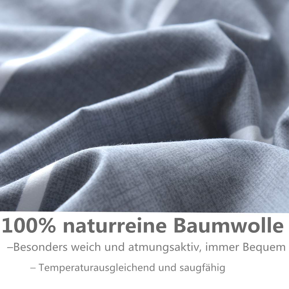 KEAYOO Bettwäsche 135x200 cm Baumwolle für Winter bis Sommer Grau Gestreift mit Reißverschluss 2 teilig 5