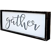 Gather Sign for Home Decor in Grey - Farmhouse Kitchen Dining Room Wall Decor - Rustic Wall Decoration Solid Wood Thick Black Frame 12x5 Inches