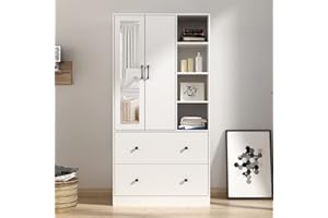 Homsee Wardrobe Armoire Wooden Closet with Mirror, 2 Doors, 2 Drawers, 4 Open Storage Cubes and Hanging Rod for Bedroom, White (35.5”L x 15.8”W x 70.8”H)
