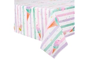 WERNNSAI Ice Cream Party Table Cover - 2PCS 54” X 108” Disposable Rectangular Plastic Tablecloth Ice Cream and Popsicle Themed Party Supplies Kids Girls Birthday Baby Shower Party Decorations
