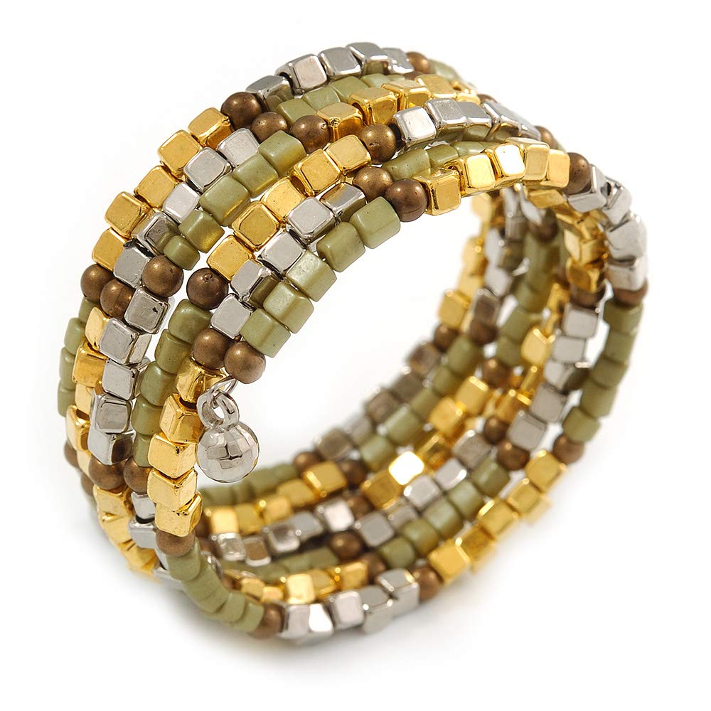 Avalaya Multistrand Acrylic Bead Coiled Flex Bracelet In Silver, Gold, Olive, Brown - Adjustable