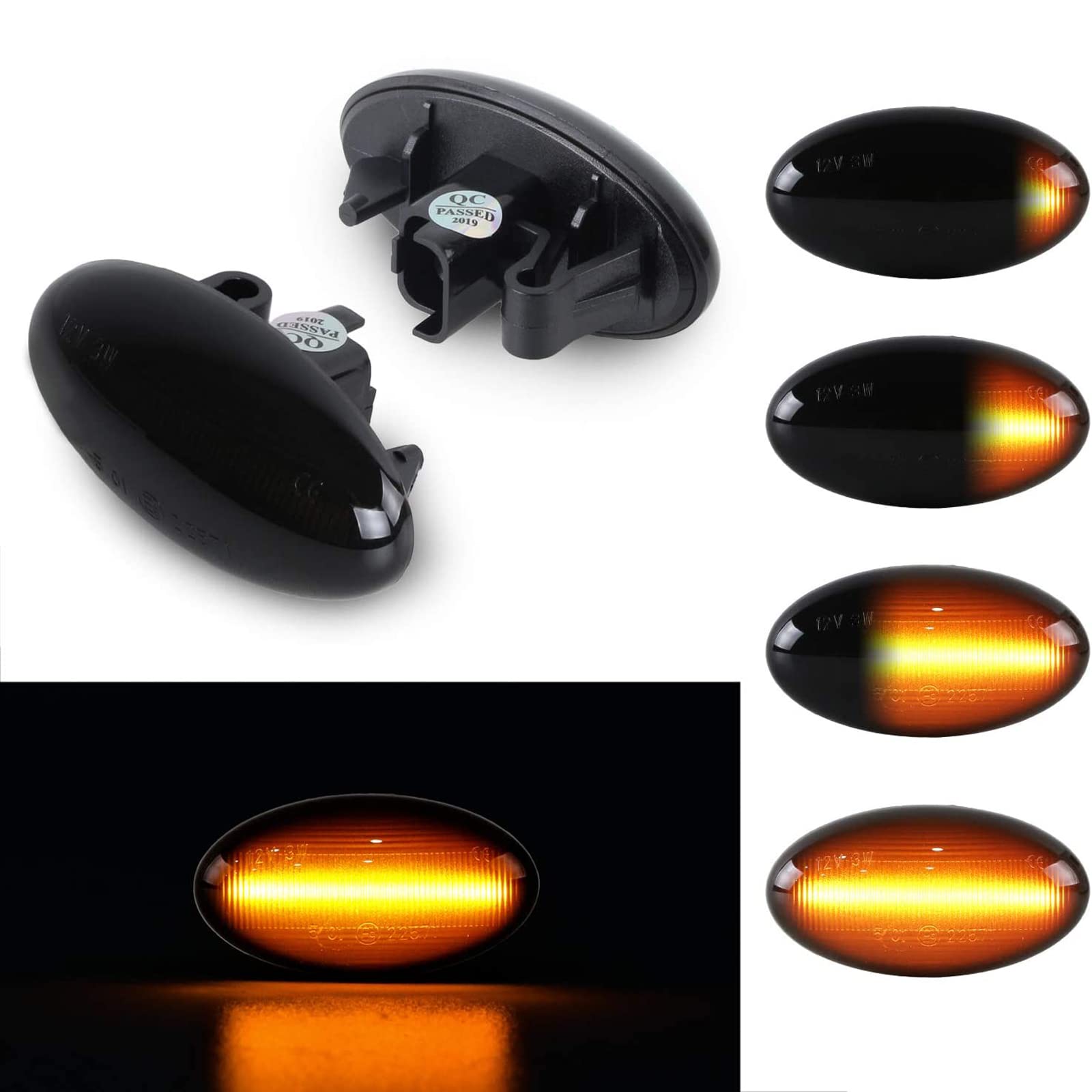 OZ-LAMPE LED Dynamic Side Indicator for Peugeo-t 1007 107 206 207 307 407 607 Partner Expert, Side Repeaters Blinker Lamp for Citroe-n C1 C2 C3 C5 C6 Xsara Picasso Berlingo Jumpy, Black Smoked Lens