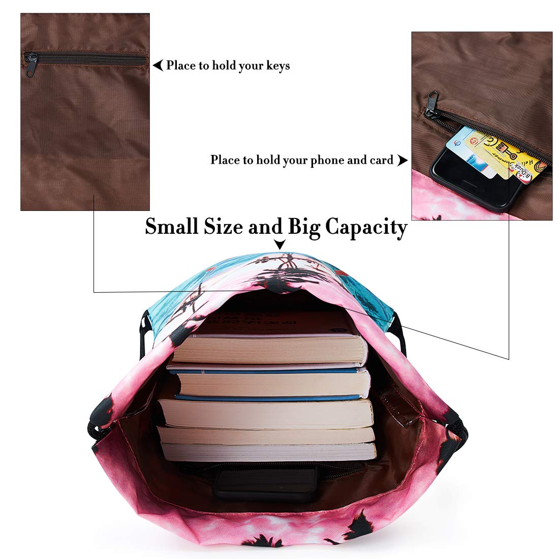 TUONROAD Childrens Travel Hiking School Drawstring Backpack 3d Custom Prints Lightweight Vacation Holiday Beach Theme Palm Tree Pink Flamingo Light Blue Seawater Sunset Glow Cute String Sack Pack