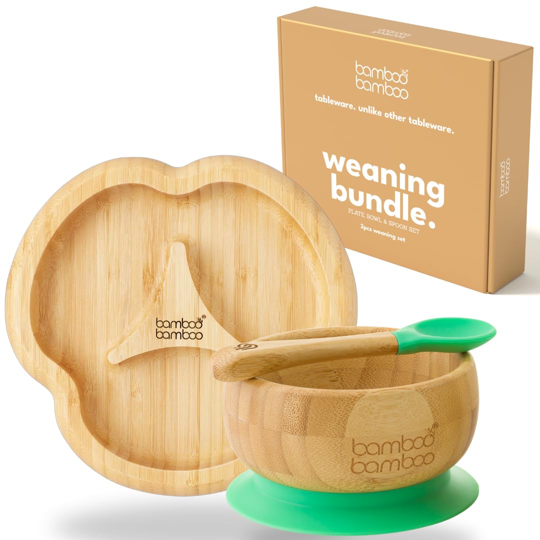 bamboo bamboo Baby Plate & Bowl Weaning Set with Removable Suction for Feeding and Weaning, Bamboo Divider Plate, Toddler Bowl & Spoon, Suction Plates for Babies from 6 Months (Green)