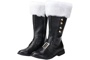 CIYASHEH Christmas Santa Claus Boots, Men's Halloween Costume Black Boots Wide Calf with White Fur Shoes