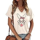 Earlymemb Womens Happy Easter Day V Neck Shirt Funny Bunny Rabbit Eggs Graphic Short Sleeve Tee Spring Casual Christian Tops