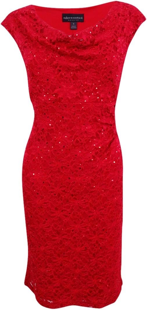 Connected Apparel Women's Sequined Lace Sheath Dress Red 6
