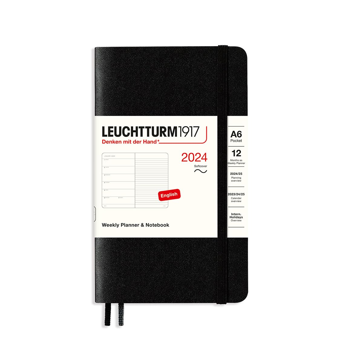 LEUCHTTURM1917 367804 Weekly Calendar & Notebook Softcover Pocket (A6) 2024, 12 Months, Black, English