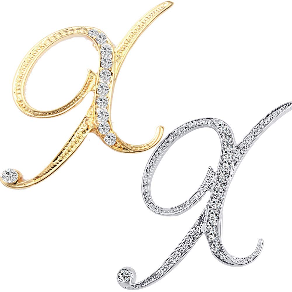 ETHOON 2 Pcs Letter Brooch Pins Initial Rhinestone Brooch for Women Corsage Crafts Gold Silver X