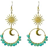 Sun and Moon Dangle Earrings with Turquoise Gemstone Gold Tone Celestial Handmade Jewelry Boho Bohemian Gift for Her Whimsical