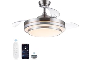 POCHFAN Smart Retractable Ceiling Fan with Lights Remote Control, Dimmable 42 Inch Modern Fandelier Ceiling Fan Work with Alexa and Smart APP for Bedroom Living Room, 3 Color, 6 Speed, Brushed Nickel