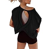 Fhniepan Open Back Tops for Women Oversized Short Sleeve Workout T Shirts Backless Y2k Athletic Crop Running Tees