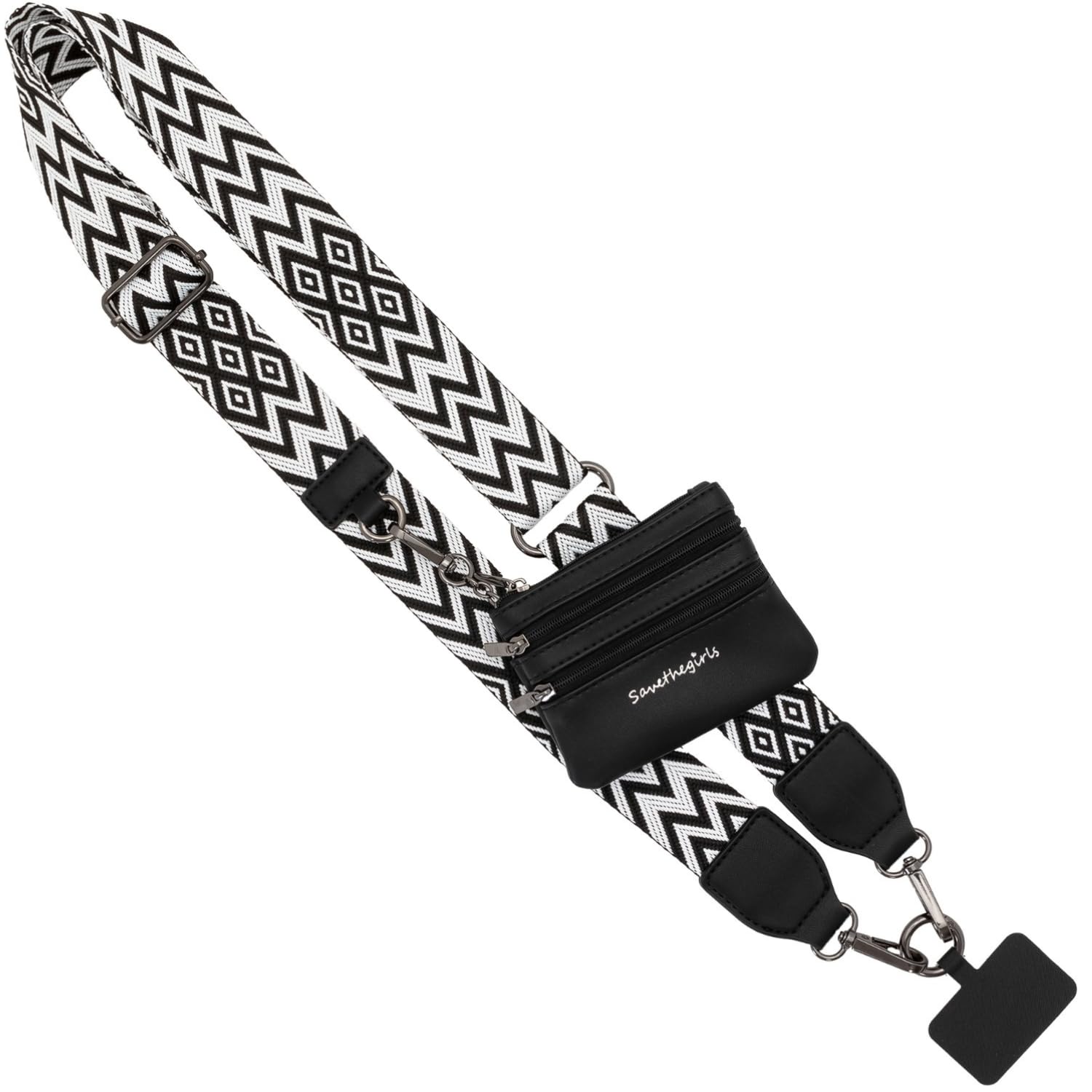 Save the Girls Original Clip and Go Phone Strap Pattern (Chevron - Black/White - Black Pouch) - Crossbody Phone Strap Chain with Zipper Wallet Pouch – Phone Lanyard Zippered