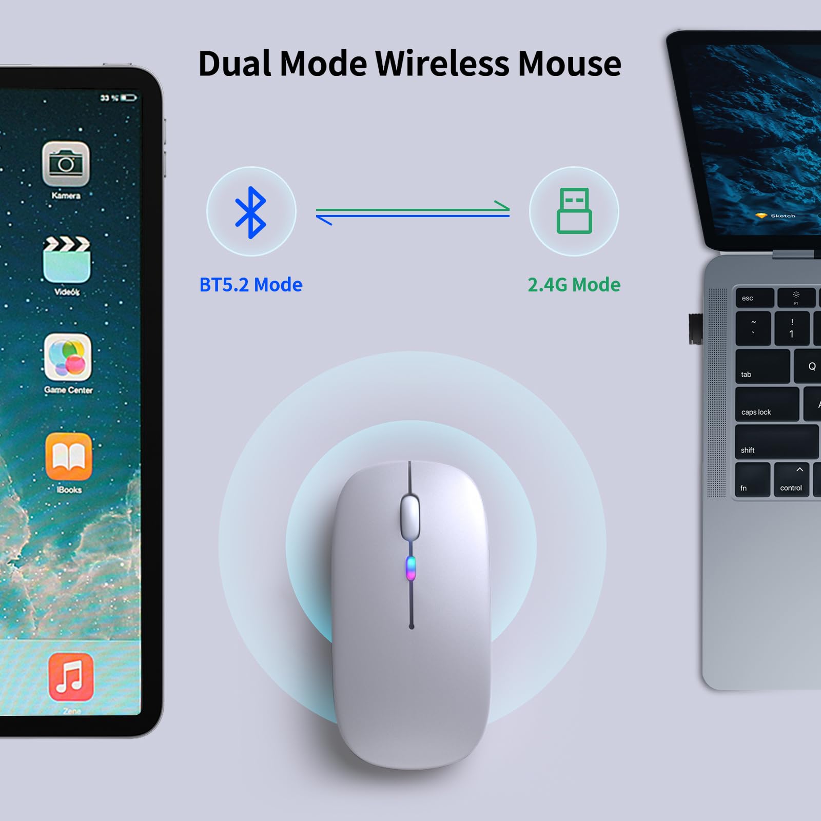 KANMABPC Wireless Bluetooth Mouse – Rechargeable, Silent, Dual Mode (Bluetooth 5.2 & USB) with LED Lights – Portable for Laptop, Desktop, & Tablet(Silver)