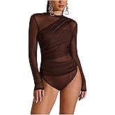 SweatyRocks Women's Sheer Mesh Bodysuit Ruched Mock Neck Long Sleeve Fitted Leotard