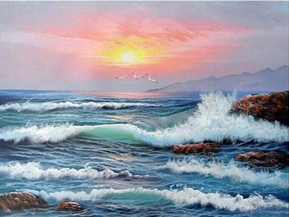 YEESAM ART Paint by Numbers for Adults Beginners Sunset Sea Waves 16x20 inch Linen Canvas Acrylic DIY Number Painting Kits Wall Art Decor Gifts