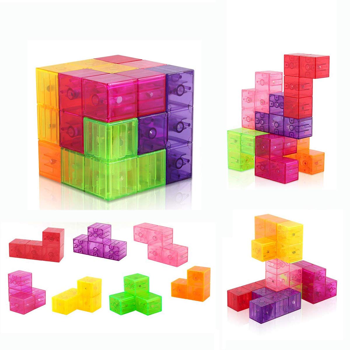 D-FantiX Magnetic Building Blocks, Magnet Cube Puzzle Toys Crystal 3D Tetris Puzzle Brainteaser Stress Relief Toy Square Magnets Building Blocks for Kids with 54pcs Puzzle Cards