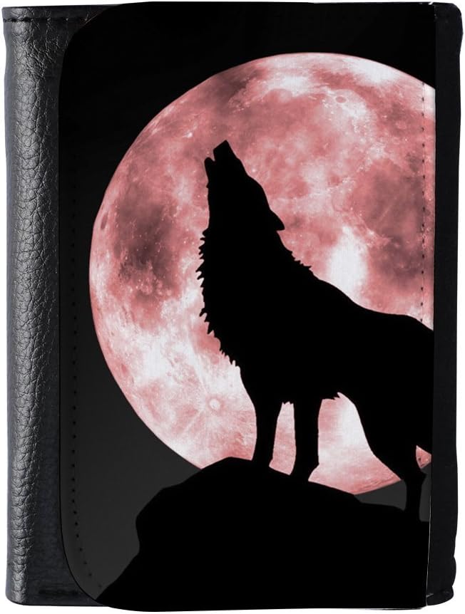 YEX Men's Howling Wolf Under the Red Moon Leather Wallet Black Size S
