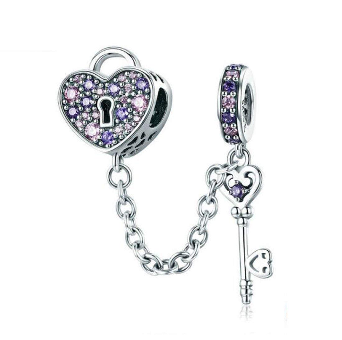I Love You Forever,Heart Key Charm fit Pandora Bracelet 925 Sterling Silver Safety Chain Charm for Bracelet (Lock and Key Charm)