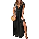 ANRABESS Women Summer Deep V Neck Short Sleeve Dresses Slit Elegant Wedding Guest Formal Cocktail Evening Maxi Long Dress