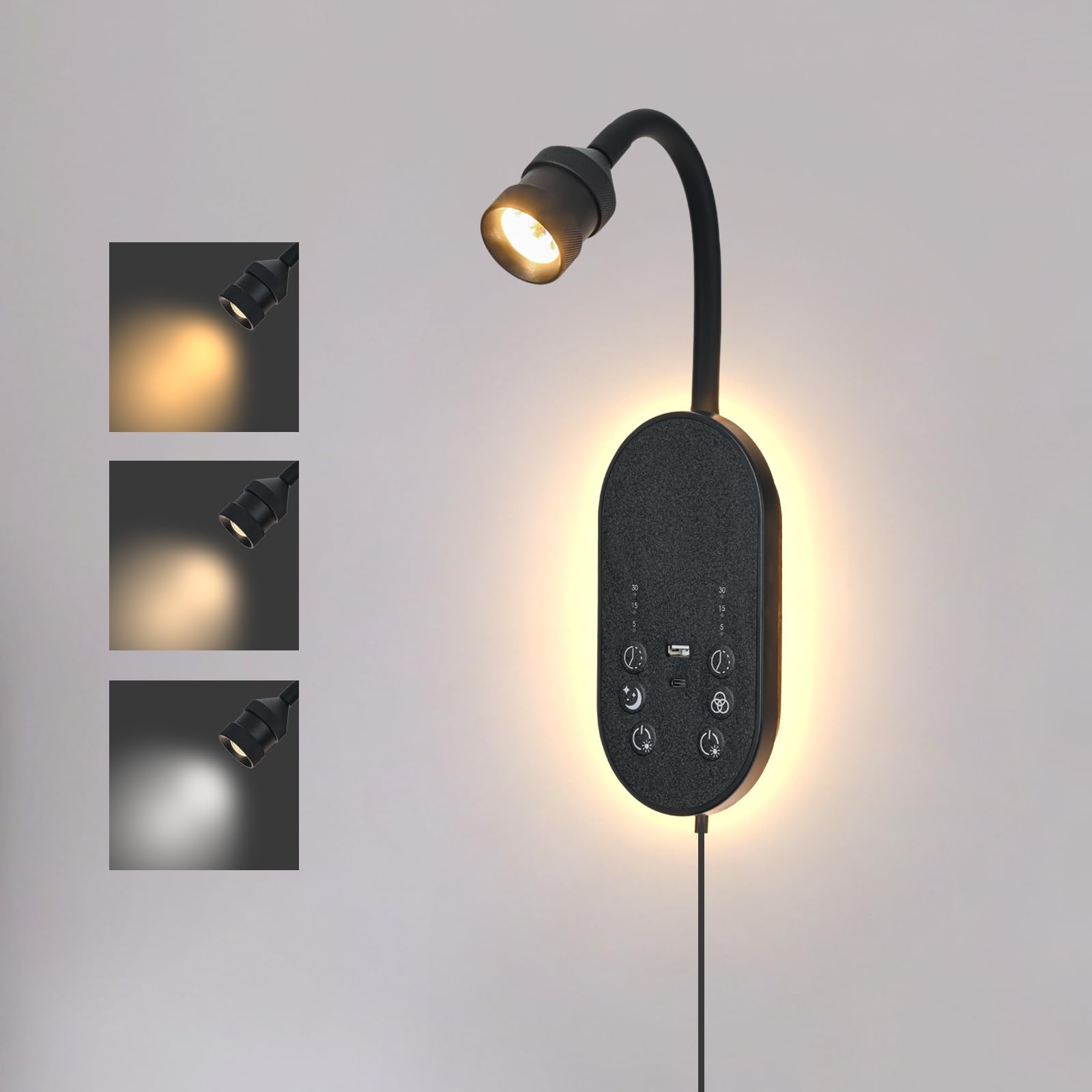 Photo 1 of MOLUOLA LIGHTING Wall Reading Light, LED Book Lights for Reading at Night, Wall Lamp with 3 Color Temperature & Timers, Adjustable Gooseneck Headboard Plug in Wall Sconce with USB C+A Ports