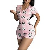 OYOANGLE Women's Cartoon Print Summer Sleepwear V Neck Short Sleeve Overall Button Up Pajama Romper