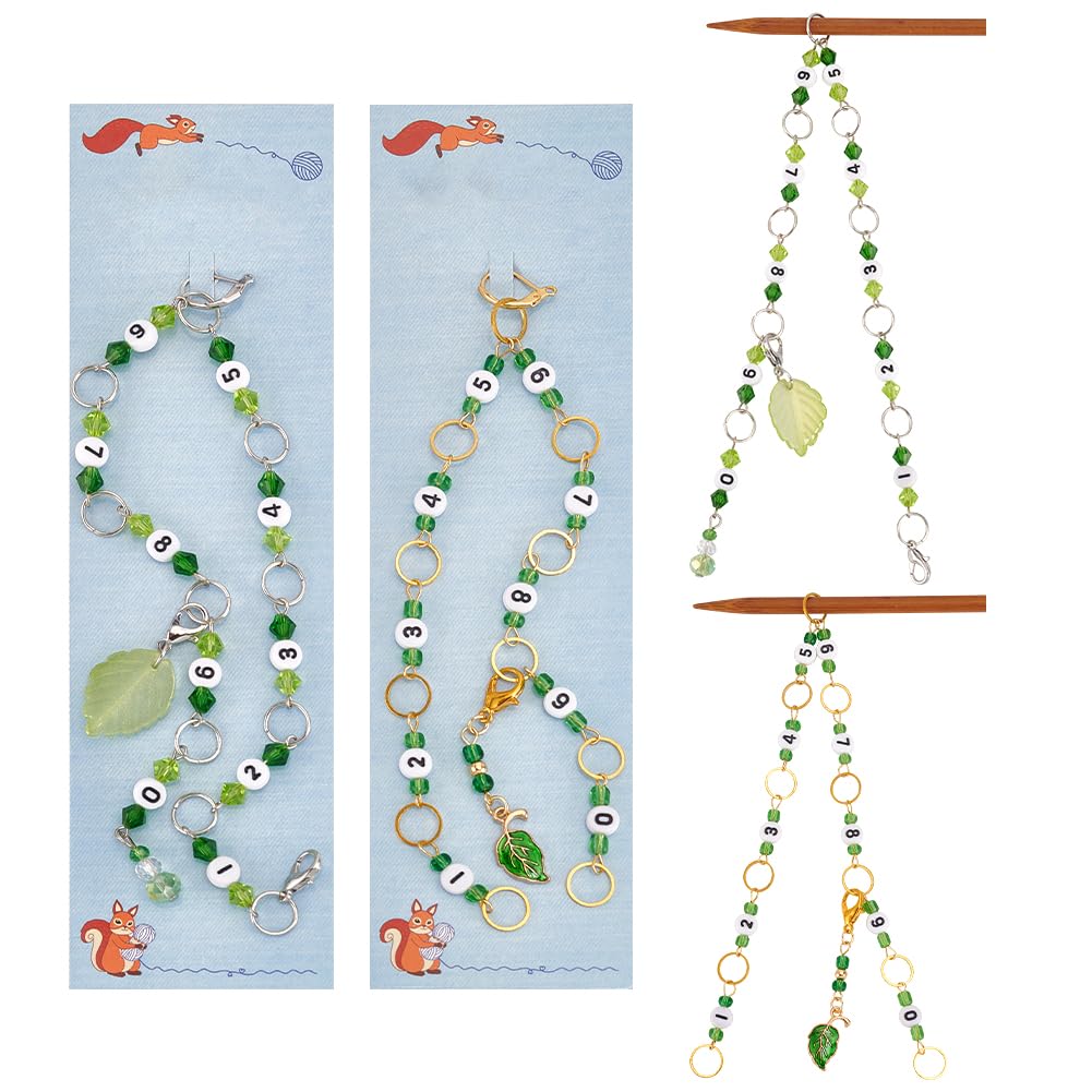 NBEADS 2 Pcs Leaf Charms Knitting Row Counter Chains, Leaf Stitch Markers Number Beads Row Counter Chains for Knitting Crochet Tracking Project Progress, Light Green