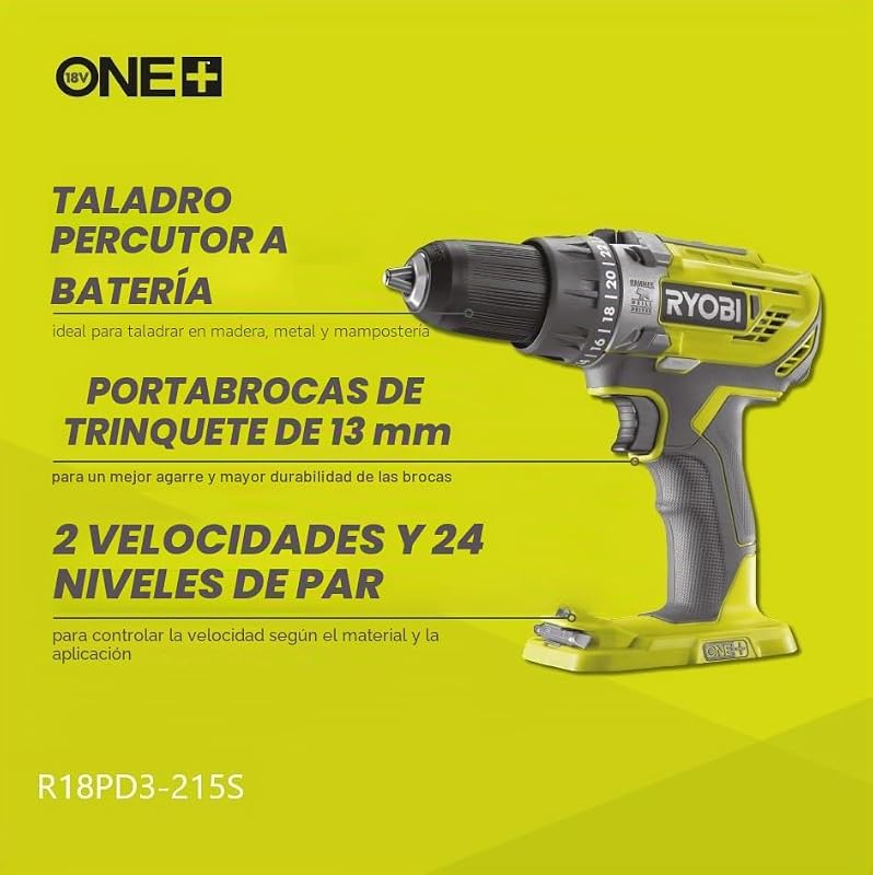 Taladro Percutor Atornillador Inalámbrico 18V ONE+ con 2 Baterías 1.5Ah, Cargador y Bolsa - 2 Velocidades