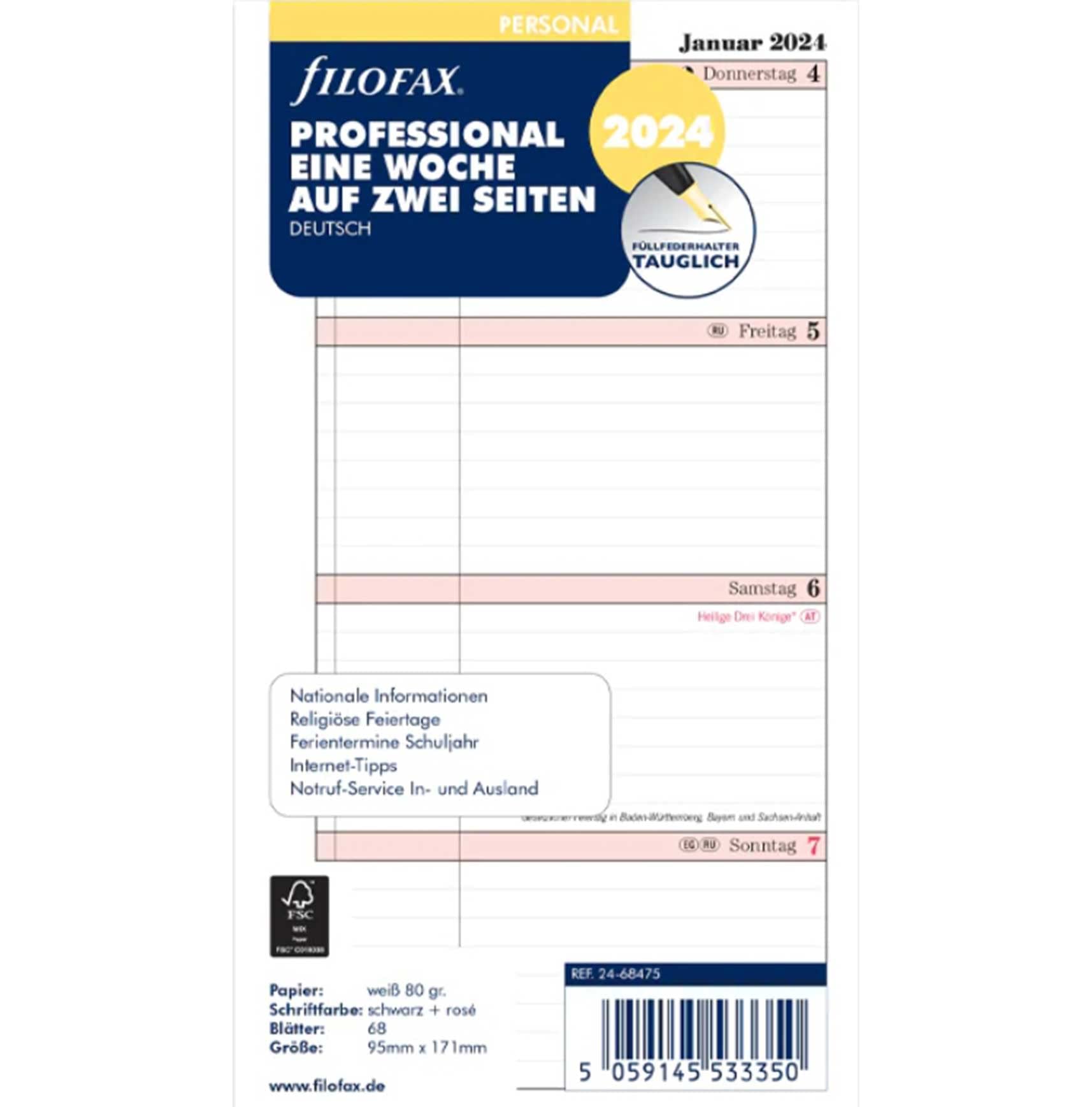 FILOFAX 24-68475 Calendar Insert 2024 Personal 1 Week / 2 Pages Professional 24-68475 - 1 Piece