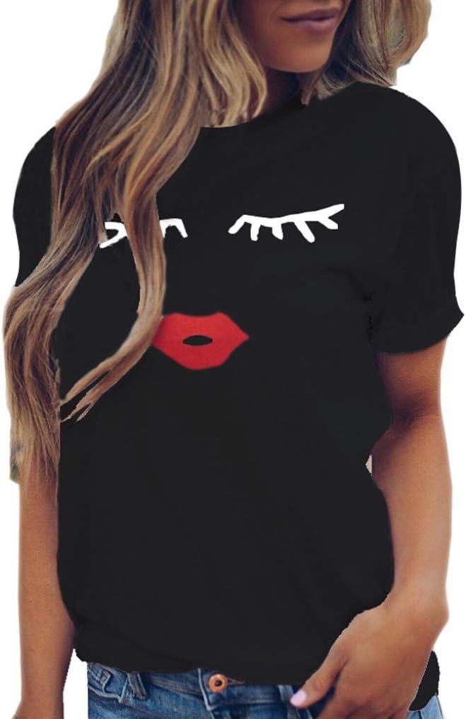 Red Lips Women Summer Eyelash Top Short Sleeve Blouse Casual Loose Tops T-Shirt