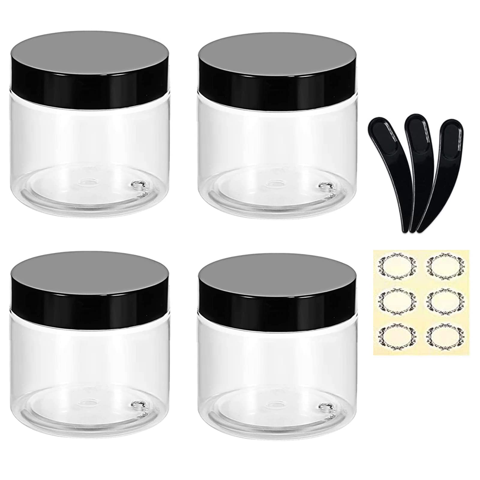 Alledomain 4Pcs 120g/120ml Clear Plastic Jars with 3Pcs Mini Spatulas & Labels Round Cosmetic Sample Container with Inner Liners & Black Lids for Lotions Cream Ointments Travel Makeup Beauty Storage