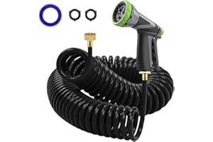 Hozcart Coil Hose,3/8" EVA Coil Garden Hose 25 FT,Curly Water Hose Lightweight with Brass Connectors,Recoil Garden Hose Includes 8-Pattern Spray Nozzle for Boat, Yard, Patio, Green