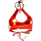 Yevin Shiny Metallic Rave Tops for Women Sexy Wet Look Leather Bra Halter Strap Outfit Crop Tops