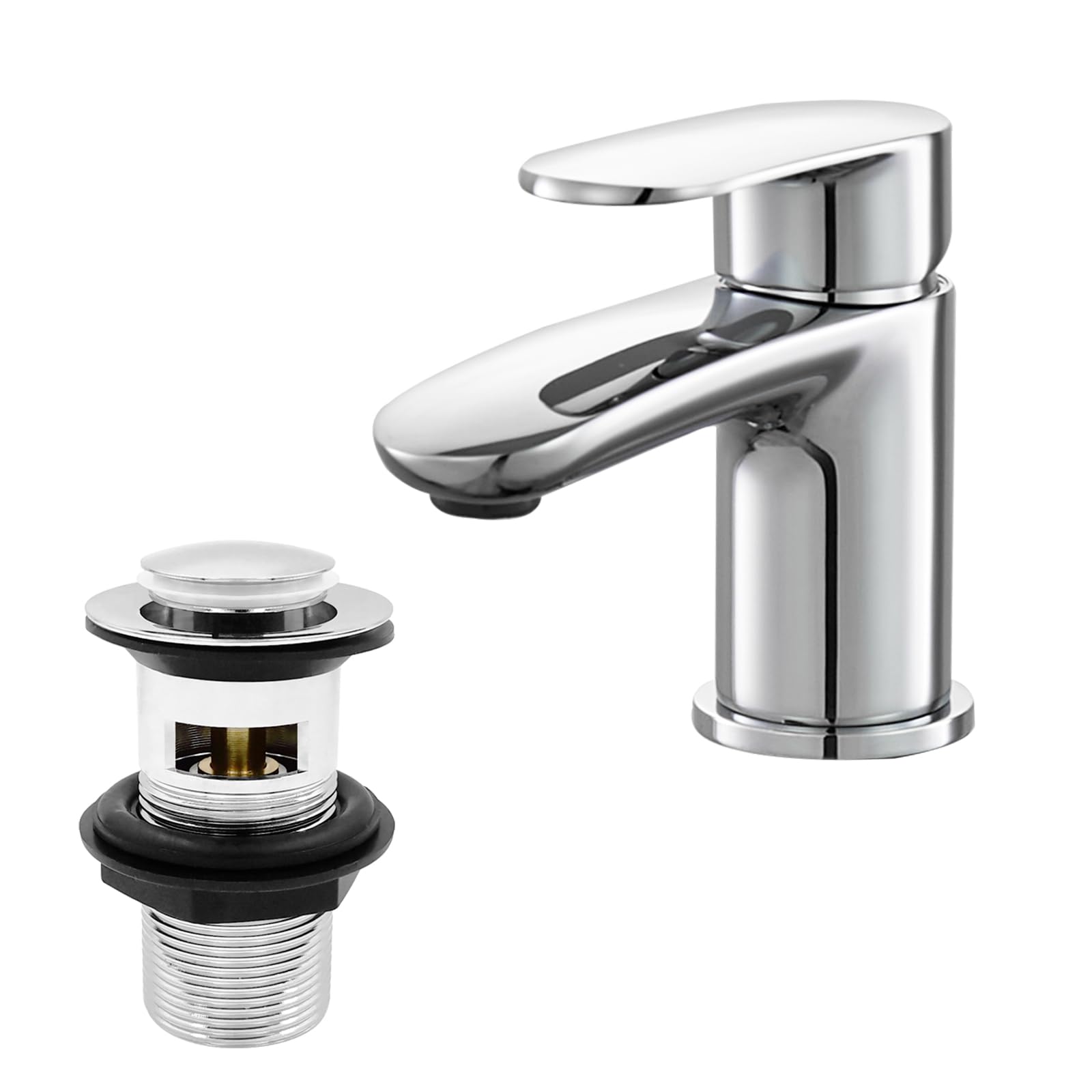 Basin Mixer Tap with Drain, BATHWEST Chromed Brass Bathroom Sink Taps with Waste, Modern Bathroom Taps with Pop Up Waste Middle 492NCR