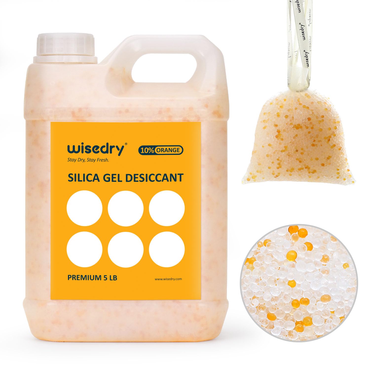 wisedry Silica Gel Beads Reusable - 2.2KG [5 LBS] Color Indicating Rechargeable Desiccant Bulk with 10pcs Organza Drawstring Bags