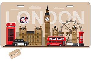 Amcove License Plate Along and Britain and London Icon Custom License Plate Holder Car Tag 6 X 12 Inches with 4 Holes