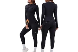 AEEZO Womens Fleece Lined Long Sleeve Cargo Zip Up Jumpsuit with Pockets Thermal Sexy Tummy Control One Piece Bodysuit