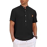 OLEMEK Men's Henley Shirts Band Collar Short Sleeve Casual Basic Tee Summer Button Henley Soild T Shirt with Pocket