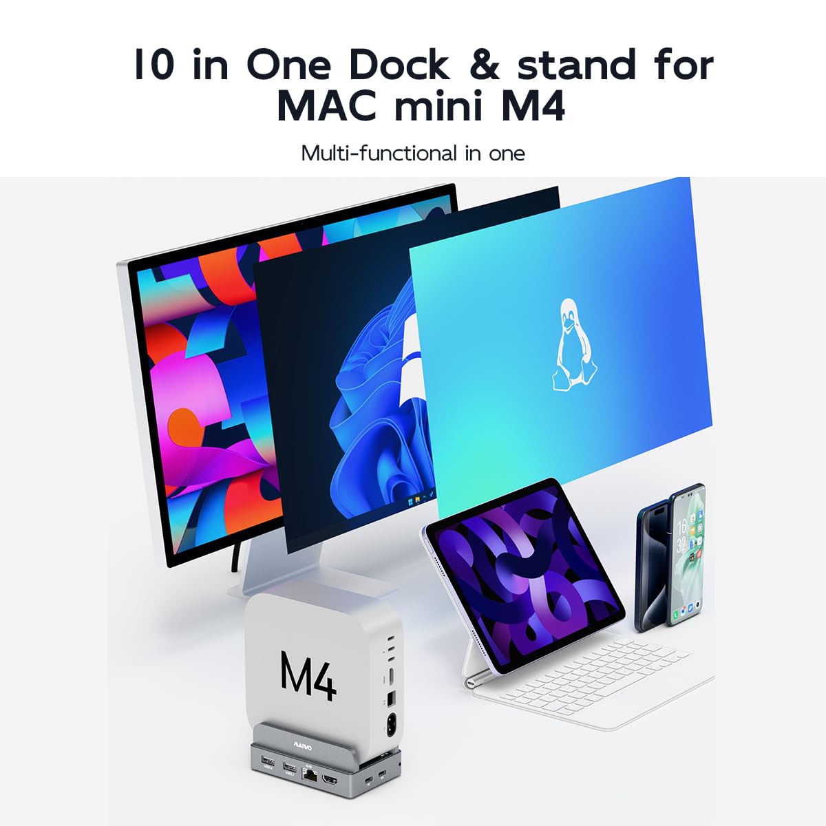 MAIWO Mac mini M4 Dock & Stand with SATA NVMe Enclosure, Mac mini M4 Pro Hub with 2xUSBA 3.1, 1xUSBA 2.0, USB C Data Port Up to 10Gbps, RJ45 Gigabit Network Port, HD 4K Port, SD/TF Slot