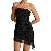 MakeMeChic Women's Summer Tube Top Mini Floral Lace Graduation Dresses Asymmetrical Bodycon Jacquard Dress