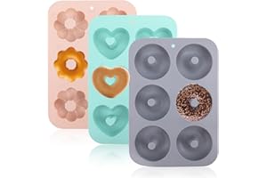 3pcs Silicone Donut Molds for Baking, Flower Round Heart Silicone Donut Maker Pan Set Easy to Demold 6 Cavities Doughnut Moul