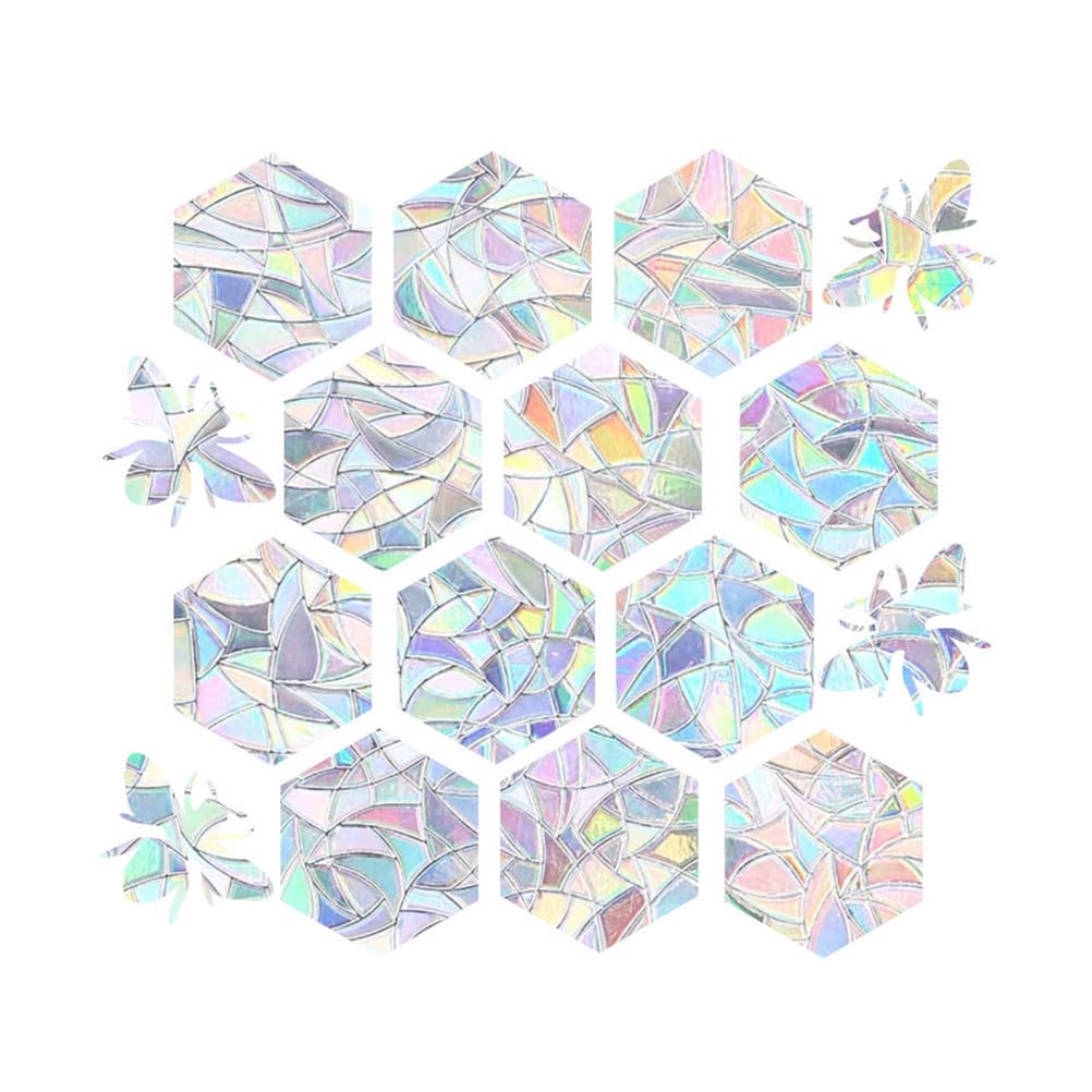 Fdit 16Pcs Window Stickers Bird Window Strike Prevention Stickers Rainbow Suncatcher Home Decoration and Supplies (A: 12PCS hexagon+4 bees)