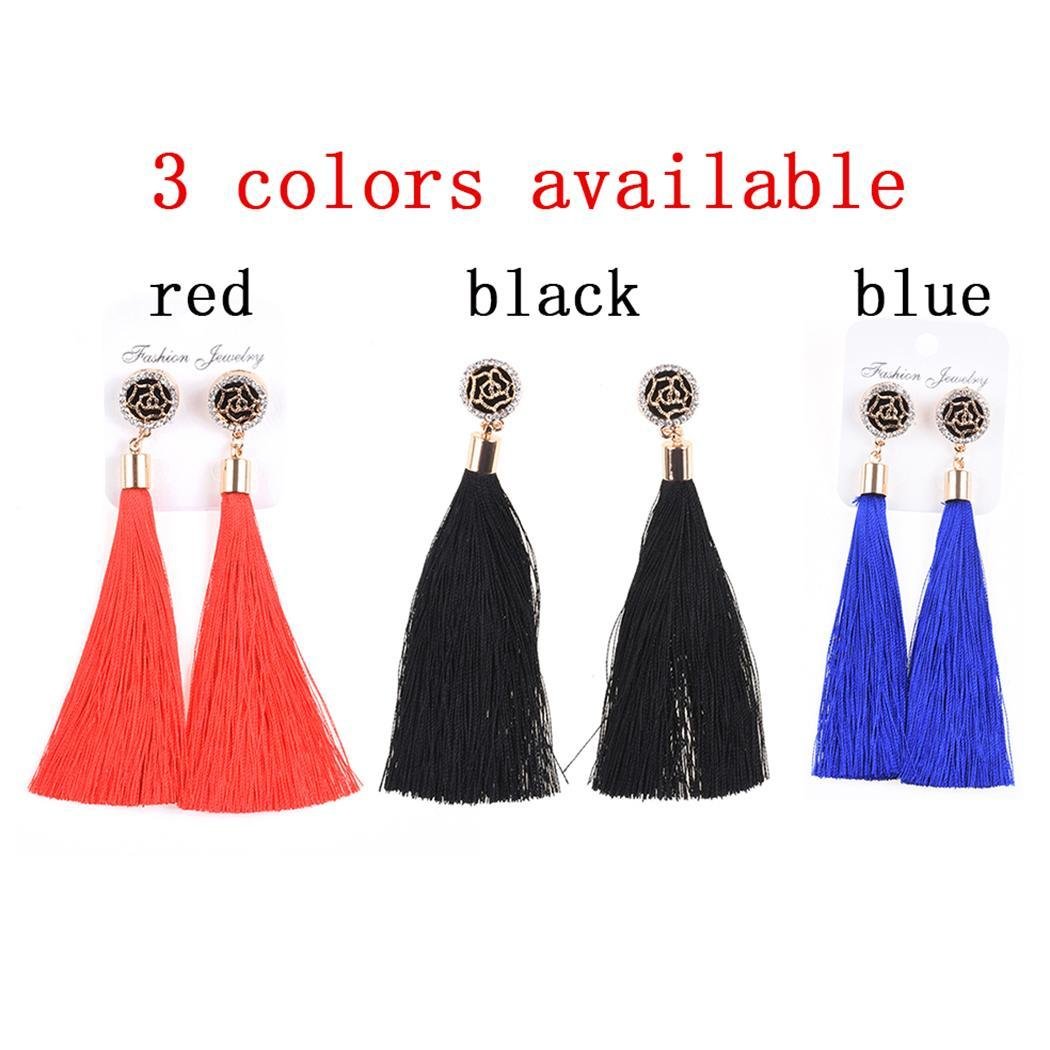 Xixou Tassel Earrings Dangle Style Trendy 3 Colors - Long Tassel Earrings Silk Crystal Dangle Drop Boho Earrings for Women Jewelry (Black)